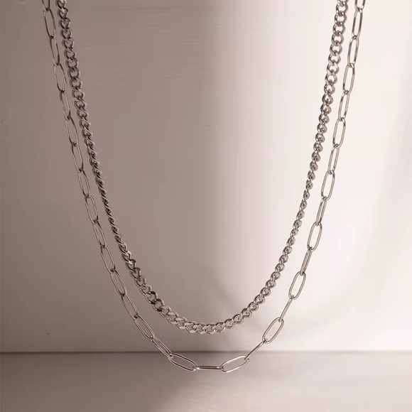 Double Layer Silver Chain Necklace - Picture 2 of 6